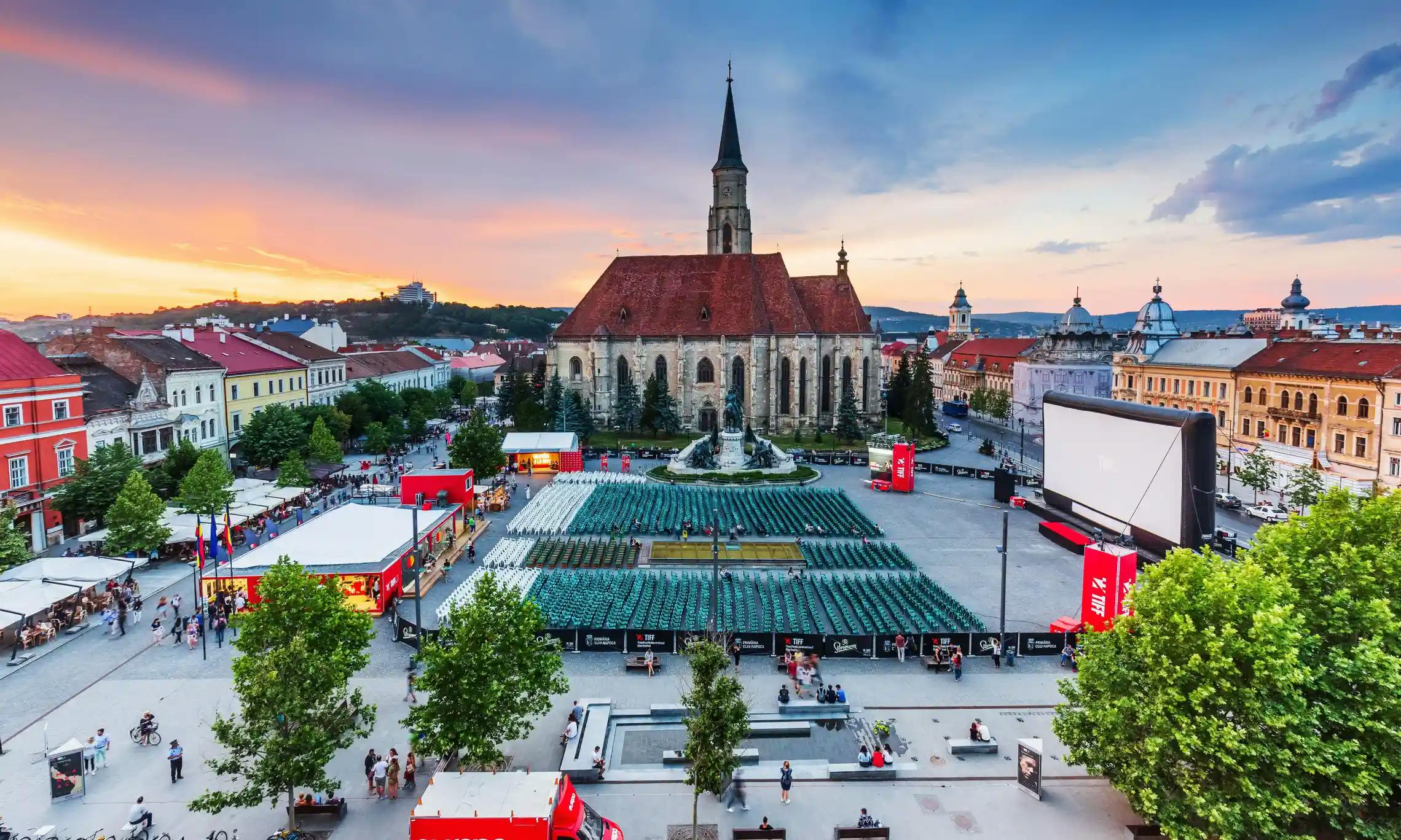aerial view of Unirii Square in the center of the old city center of Cluj